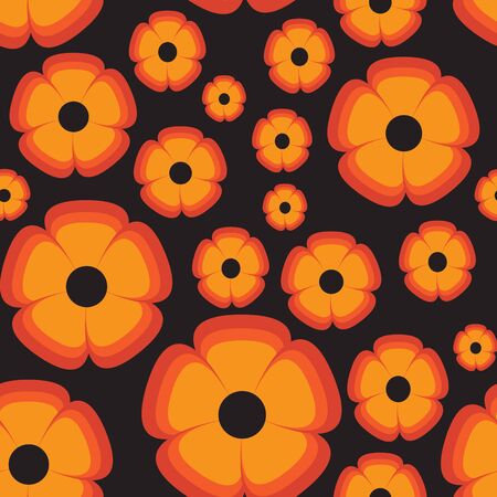 Vector Retro Orange flower on black background pattern. Perfect for fabric, wallpaper or scrapbooking.のイラスト素材