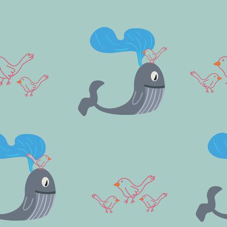 Vector Green Whale and Bird Pattern seamless pattern background. Perfect for Fabric, Scrap booking, Wallpaper and crafting projects.のイラスト素材