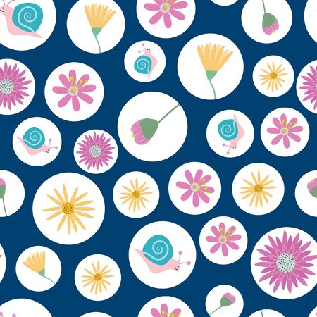 Vector Blue and White Circles Snail and Flower Pattern seamless pattern background. Perfect for Fabric, Scrap booking, Wallpaper and crafting projects.のイラスト素材