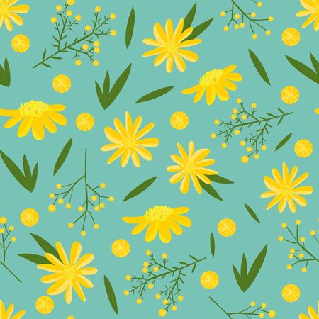 Vector Wild Daisy Illustration with Leaves repeating seamless pattern. Perfect for fabric, wallpaper and scrap booking.のイラスト素材