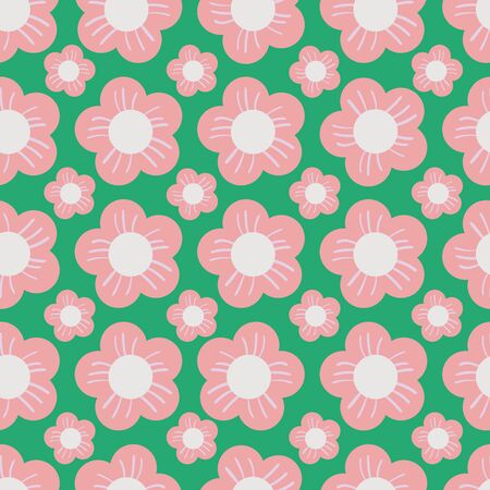 Pink Hand Drawn Flower on Green Background Seamless Vector Pattern. Perfect for Fabric, Wallpaper and Scrap Booking.のイラスト素材