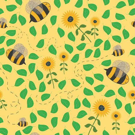 Vector seamless pattern with fly bee with sunflowers. Perfect for scrapbooking, fabric and wallpaper.のイラスト素材
