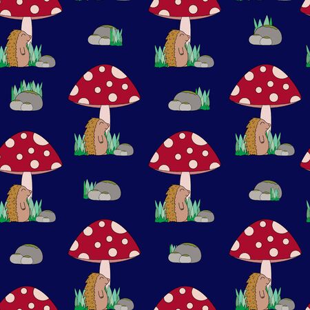 Seamless childish pattern with cute hedgehog and mushrooms. Creative woodland kids texture for fabric, wrapping, textile, wallpaper, apparel. illustrationのイラスト素材