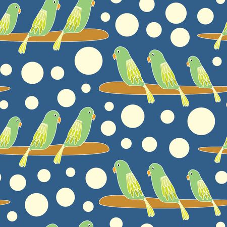 Vector budgies on a stick with polka dots seamless repeating pattern. Perfect for fabric, wallpaper and scrap booking.のイラスト素材