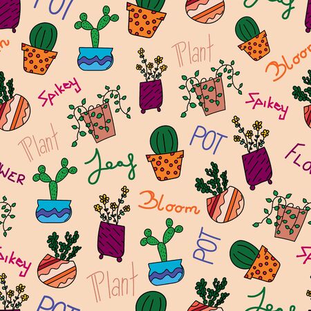 Seamless vactor pattern with cute pot plant and words on light background.のイラスト素材
