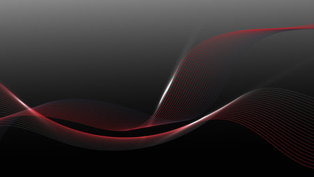 Abstract red and gray wave lines lighting effect on dark background. Vector graphic illustration.のイラスト素材