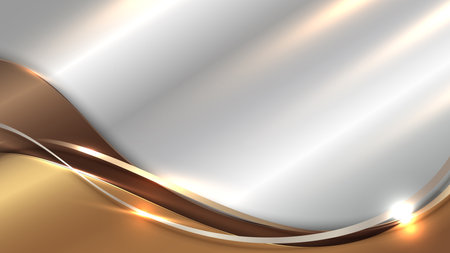 Abstract 3D luxury golden wave form ribbon lines elements with glowing light effect on white background. Vector graphic illustration.のイラスト素材