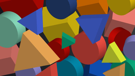 3D abstract geometric shapes colorful geometric on black background. Vector graphic illustration.