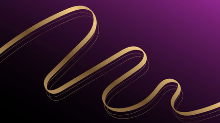 Abstract 3D luxury golden ribbon lines elements with glowing light effect on background. Golden shiny wave on purple.のイラスト素材