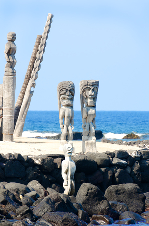 Tikis at Puuhonua o Honaunau National Historical Park on the Big Island in Hawaiiの写真素材