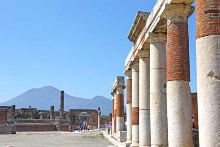 Ruins of ancient Pompeii Destroyed by volcano Vizuvius eruption, Pompei, Naples, Italy. Vizuvius in Backgroundのeditorial素材