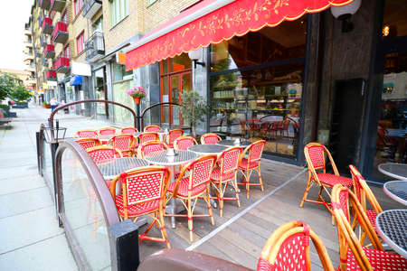 Traditional outdoor roadside cafe restaurant in Gothenburg, Sweden.  Colorful settingの写真素材