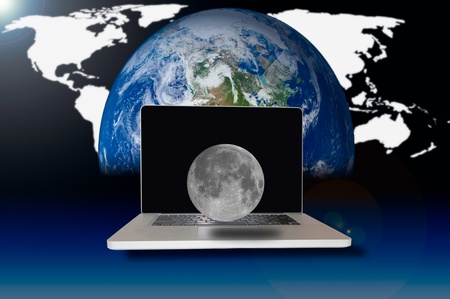 Social network with moon floating over laptop connectionの写真素材