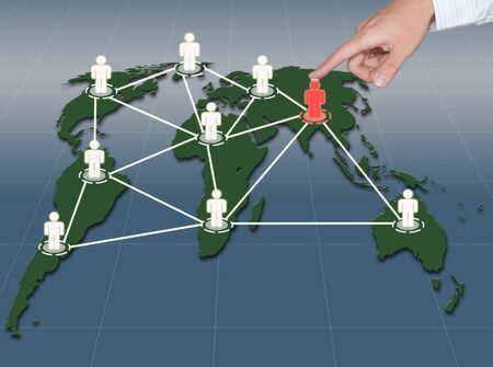 hand point to social network connection on world mapの写真素材