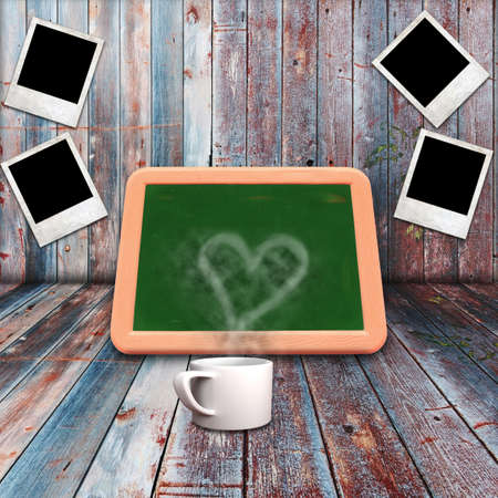 Blackboard and coffee mug on wooden shelves