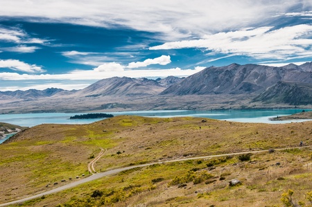 Aerial view of Lake Tekapo and Southern Alps, New Zealandの写真素材