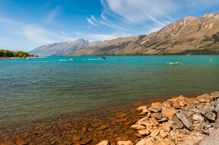 Lake Wakatipu with Southern Alps in background at Glenorchy, South Island, New Zealandの写真素材