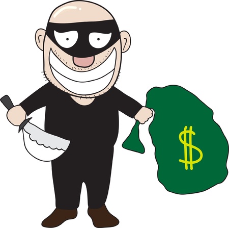 Burglar with knife and money bag isolated on whiteのイラスト素材