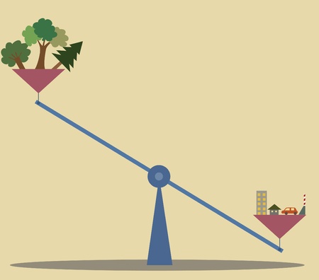 cartoon of Unbalance scale between Nature and human constructionのイラスト素材