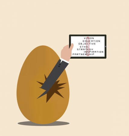 Hand break out from egg and showing tablet  with success crosswordのイラスト素材