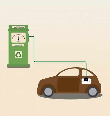 Vector cartoon of Electric car getting charged at stationのイラスト素材