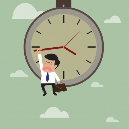 Businessman hangs on an arrow of clock that floating on skyのイラスト素材