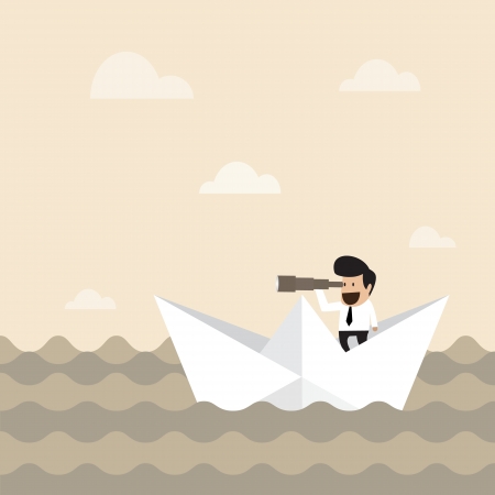 Businessman on paper boat searching for opportunityのイラスト素材