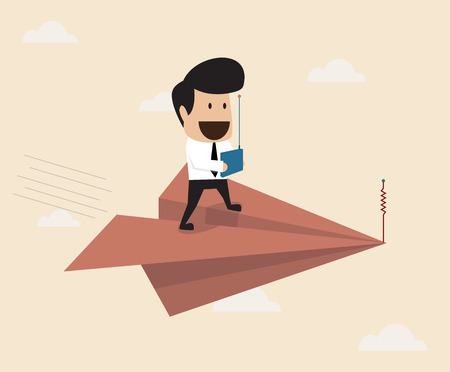 Vector cartoon of Businessman fly with remote control paper planeのイラスト素材