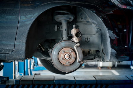 Rusted disc brake and caliper on car with space for text input. Vintage Style. Copy space.の写真素材