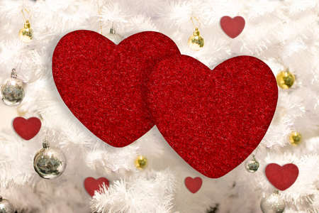 Two red heart on beautiful background for greeting card and wedding card decoration. Valentine's day concept.の写真素材
