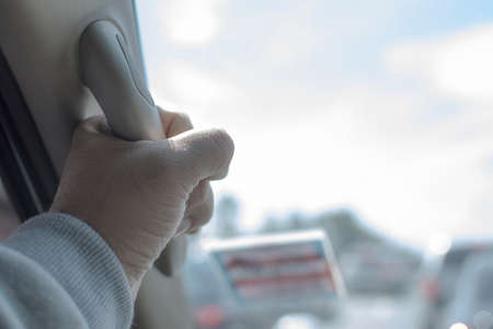 Handle hold on pillar of car, selective focus.