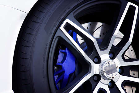 Racing rim wheel with disc brake and brake pad.の写真素材