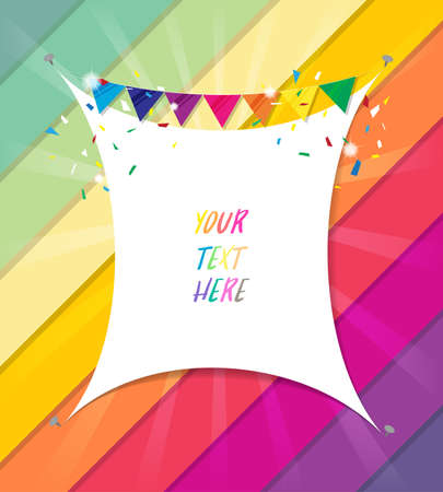 Empty white textile banner signboard with  triangle bunting flag hanging on colorful background,Vector illustration design,EPS10.のイラスト素材