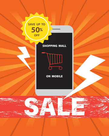 Online shopping mall on mobile at discount sale save up to 50% off, orange cart in mobile screen on a orange background,vector illustration design.のイラスト素材