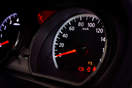 Car speedometer with kilometer per hour.