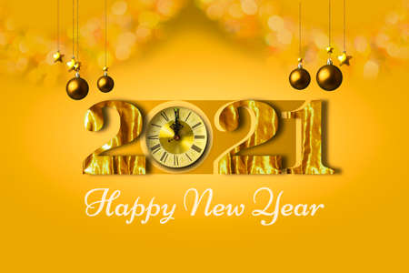 Happy new year celebration concept decorated hanging with balls,star and vintage clock on gold color...
