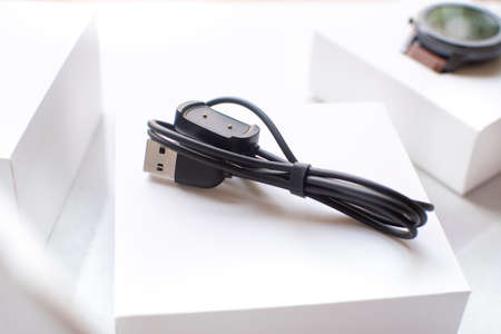 Rayong,Thailand - Jan 28 2021, Charging cable of Xiaomi Amazfit GTR 47mm. smart watch placed on the white boxのeditorial素材