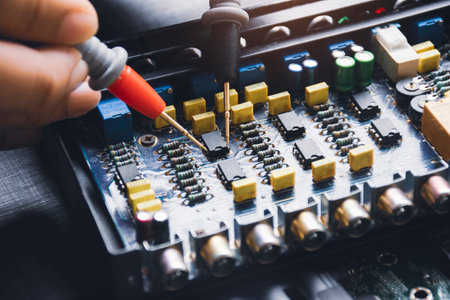 Technician checking ic on circuit board with multimeterの写真素材