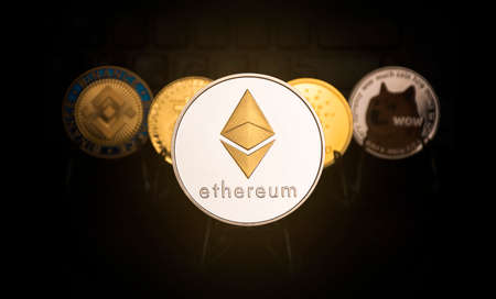 Titanium Ethereum coin and other coin background of crypto currency ,virtual digital money concept