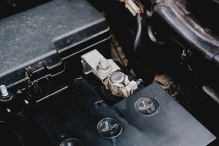 Battery cathode terminal is installed on a black battery in a electric system of car engine, Automotive electronics parts concept.の写真素材