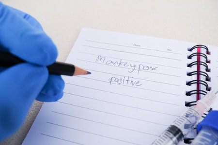 Doctor hand writes monkeypox (MPXV) virus positive result into notepad with a pencil,Monkeypox outbreak pandemic prevention conceptの写真素材