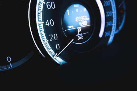 Speedometer kilometer per hour on dashboard of the automobileの写真素材