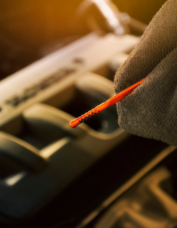 Auto mechanic checks the engine oil level with a car dipstick in the auto repair garage, automotive maintenance service conceptの写真素材