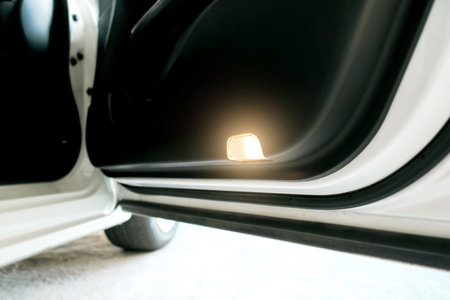 Opening door warning anti-collision light on door panel below of the car, Car safety system concept