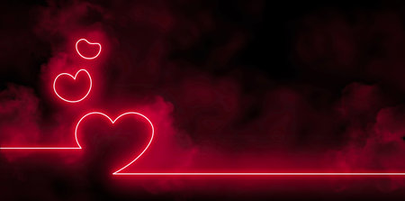 Bright pink heart shaped neon lights with smoke in the dark, panoramic banner with copy space on black backgroundの写真素材