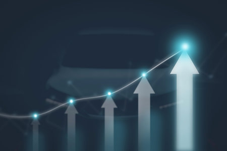 The arrow graph automotive future growth plan with glowing points and vehicle blurred on background, Automotive business conceptの写真素材