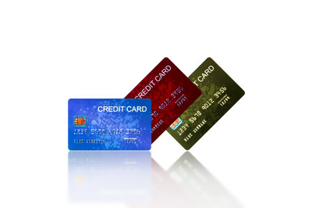 Credit cards isolated on white background with reflection, Business and finance concept, 3D illustration.の写真素材