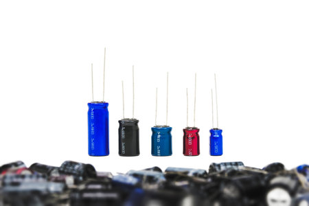 Electrolyte or electrolytic capacitors row on white background, electronic parts concept.の写真素材