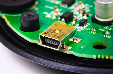 Close up of a USB type B port on electronic circuit board of electrical appliance, Electronics...