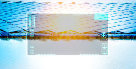 Blank screen HUD interface of solar panels against sunlight on background, solar cell energy...